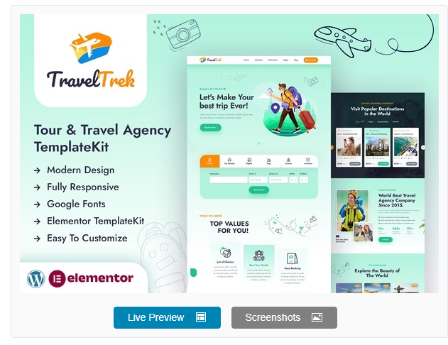 Travel Trek  Tour and Travel Agency Elementor Template Kit