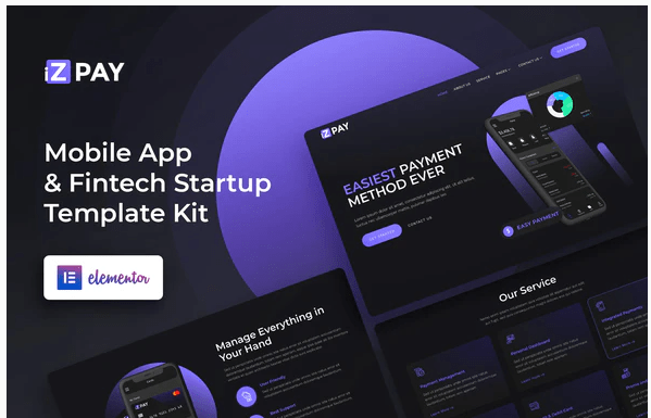 iZPAY  Mobile App & Fintech Startup Elementor Template Kit